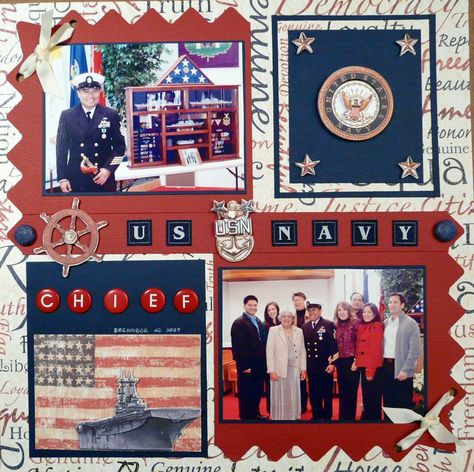 Anchor Decorations, Military Scrapbook Layouts, Military Scrapbook, Patriotic Scrapbook, Masculine Scrapbook, Premade Scrapbook Layouts, Diy Scrapbook Paper, Heritage Scrapbooking, Navy Chief