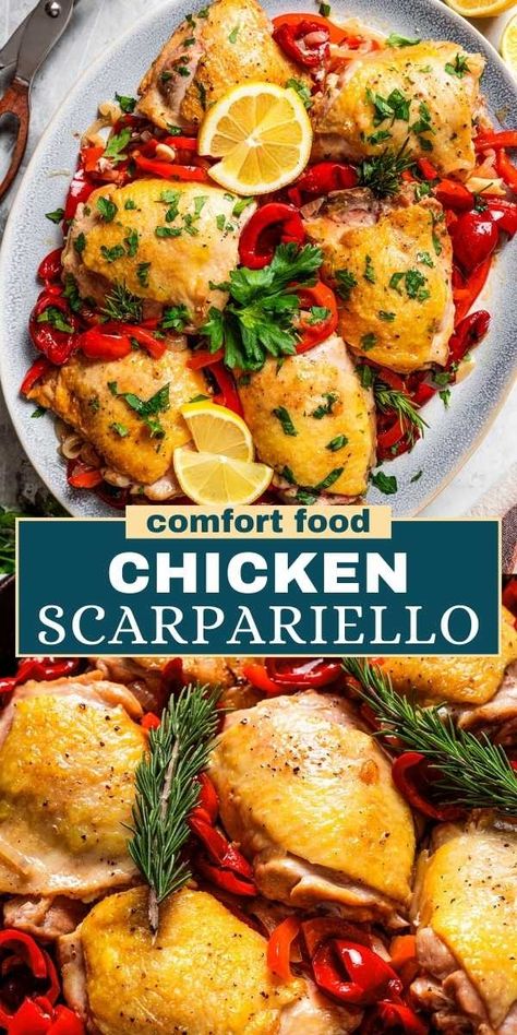 This Chicken Scarpariello is one of the most colorful, flavorful dishes ever. Perfectly seared chicken is finished in a bright sauce of onions, garlic, bell peppers, spicy Peppadew peppers, and more. Chicken Scarpariello Recipe, Pepperoncini Chicken, Dinner To Impress, Diethood Recipes, Chicken Scarpariello, Clean Bulk, Peppadew Peppers, Comforting Food, Chicken Head