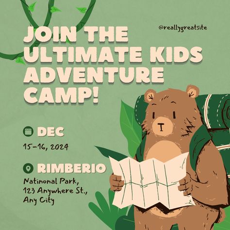 Ready to make your adventure camp event unforgettable? Check out our "Green Playful Adventure Camp Event Instagram Post" design! 🏞️✨ This vibrant and playful template is perfect for capturing the excitement and fun of your camp. Share the adventure and inspire your followers to join in on the action! 🌟🐒  Tap the link to use this eye-catching design for your next big event! Event Instagram Post, Camp Event, Dynamic Template, Colorful Template, Instagram Post Design, Adventure Camp, Kids Adventure, Adventure Camping, Instagram Post Template