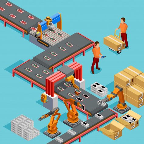 Automated factory production line isometric poster Free Vector Manufacturing Engineering, Robotic Arm, Isometric Art, Isometric Design, Conveyor Belt, Isometric Illustration, Assembly Line, Operations Management, Manufacturing Facility