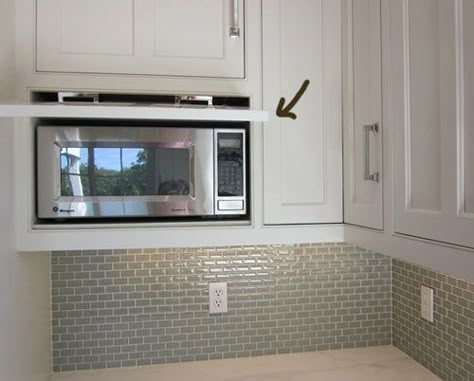 Would be great to have a concealed microwave! Love the idea of building space for appliances into hidden areas. Microwave Furniture, Microwave Cupboard, Microwave Placement, Built In Microwave Cabinet, Hidden Microwave, Microwave Cabinet, Cabinet Inspiration, Kitchen Microwave, Kitchen 2020