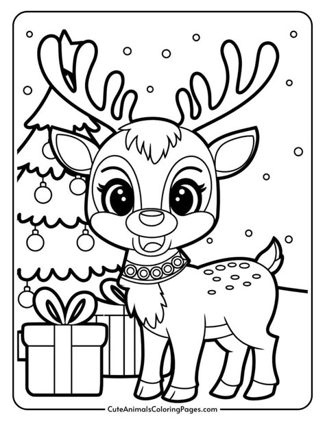 Cute cartoon reindeer standing beside a decorated Christmas tree with gifts, designed for a coloring page. Perfect for holiday-themed art activities for children. Christmas Drawing Printable, Printable Christmas Coloring Pages Free, Christmas Coloring Pictures Free Printable, Reindeer Outline Free Printable, Christmas Drawings To Color, Free Kids Christmas Coloring Pages, Kids Christmas Coloring Pages Printable, Toddler Christmas Coloring Pages, Reindeer Coloring Pages Free Printable