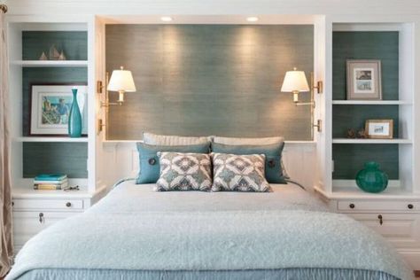 transparent shelving units behind the headboard show the color of the wall Bookcase Wall Around Bed, Twin Beds With Built In And Sconces, Master Bed Shelves, Over The Bed Wardrobes Small Spaces, Over Headboard Shelves, Bedroom Above Bed Storage, Traditional Bedroom Design, Bedroom Built Ins, Guest Bedroom Design