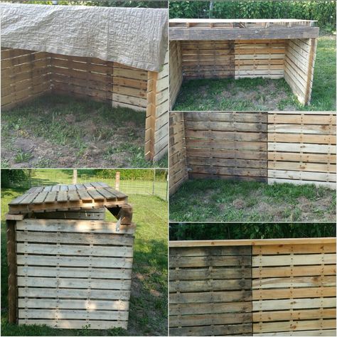 Pallets make a cheap pig shelter. It's light enough for two people to move. Hog Fence Ideas Pig Pen, Pallet Pig House, Pallet Pig Shelter, Hereford Pigs, Mini Pig Care, Pig Fence, Pig Shelter, Sheep Fence, Sheep House