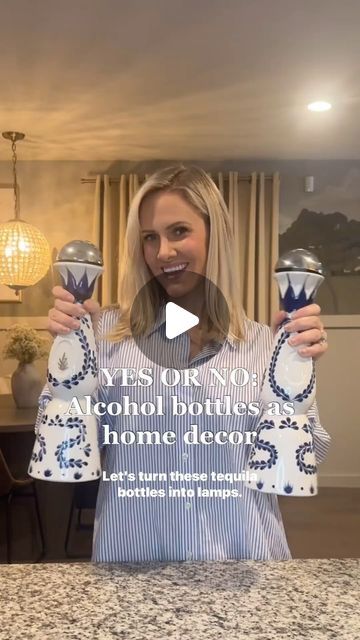 Tori Mohn | DIY, Furniture Flips, & Home on Instagram: "Tap follow to learn how to repurpose stuff!✨ Is it clear tequila is my fave?? COMMENT “DIY” to get a list of the items I used sent to your DMs! 💙 I am SO pumped about how these DIY tequila bottle lamps turned out. Clase Azul is one of my favorite tequilas, and it’s ever only been gifted to us. 

We kept the empty bottles because they were pretty, but they were really  just collecting dust! This can be done with any of your favorite bottles!! Just make sure you’re using the right drillbit to drill through the glass, and take it from my experience… start out SLOWLY and with a smaller drillbit than the size of the hole you’ll need. The water is used to help keep the drillbit from overheating!

This gets a 🍷🍷/5 on my DIY wine, er… tequ Bottle Lamps, Tequila Bottle, Bottle Tree, Tequila Bottles, Furniture Flips, Bottle Lamp, Diy Recycle, Diy Wine, Empty Bottles