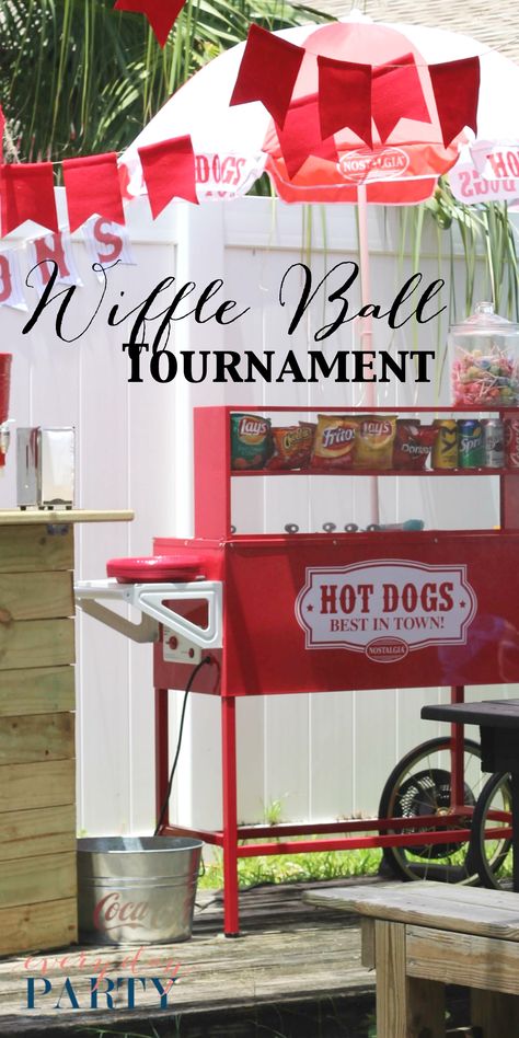 Everyday Party Magazine Wiffle Ball Tournament Wiffle Ball Party Ideas, Wiffle Ball Tournament Ideas, Whiffle Ball Birthday Party, Backyard Baseball Party, Wiffleball Party, Wiffle Ball Birthday Party, Card Tournament Party, Wiffle Ball Party, Kickball Tournament Fundraiser