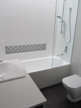 Renovation & refurbishment #9 INNER WEST SYDNEY - modern - Bathroom - Sydney - Definitive Decor Australia Bathtub Tile Surround, Shower Alcove, Bathroom Layout Ideas, House Bathroom Designs, Glass Tile Bathroom, Tile Tub Surround, Bathtub Shower Combo, Small Bathroom With Shower, Small Bathroom Layout