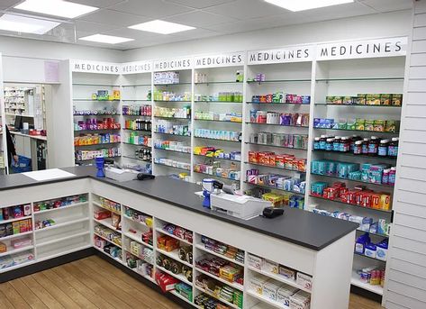 Mini Pharmacy Design, Medical Shop Furniture Design, Pharmacy Shelves Design, Medical Shop Counter Design, Pharmacy Design Interior Shelves, Pharmacy Decor Interior Design, Small Pharmacy Design, Small Pharmacy Design Interior, Medical Store Interior Design