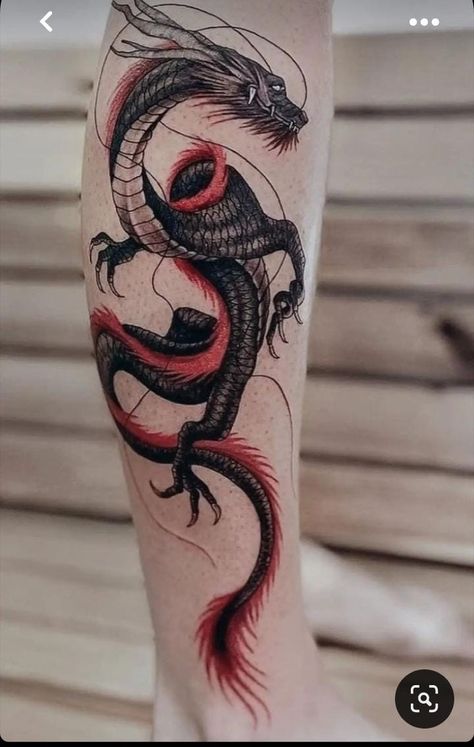 Red Black Dragon Tattoo, Colour Tattoo Designs Men, Cool Video Game Tattoos, Dragon Tattoos Men, Chinese Dragon Tattoos Men, Black And Red Dragon Tattoo, Red And Black Dragon Tattoo, Dragon Tattoo Hand, Black And Red Tattoo Design