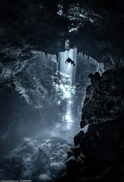 In one picture, a beam of sunlight penetrates the sinkhole and floods the cave, creating a... Jungle Pictures, Mexican Riviera, Underwater Background, Fantasy Story Ideas, Underwater Caves, Sea Cave, Cave System, Underwater City, Cave Diving