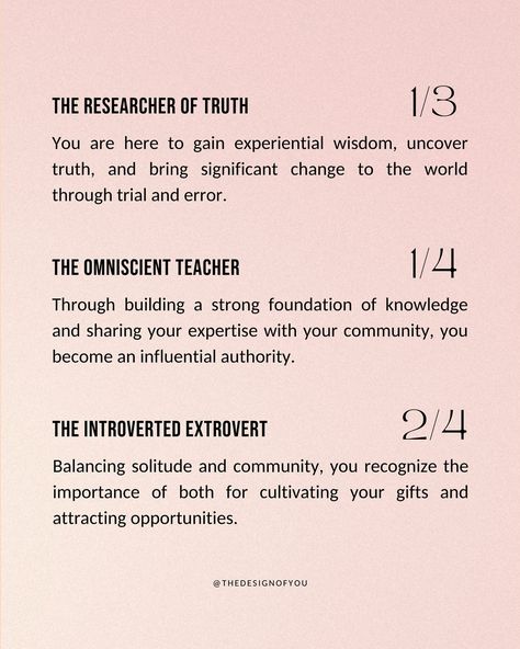 Let’s dive into the Profiles in Human Design! Your Profile in Human Design is your personality archetype and the role you are meant to play in this lifetime✨ Understanding your profile provides you with valuable insights into your unique qualities and life path! There are 12 unique profile combinations made from 6 numbers that are called lines in HD! If you don’t know your profile, comment MYCHART and I will send you the link to look up your chart on my website! Swipe to learn more about... Manifestor Generator, Personality Archetypes, Manifesting Generator, Gene Keys, Human Design System, Woo Woo, Design 101, Behavioral Science, Your Profile