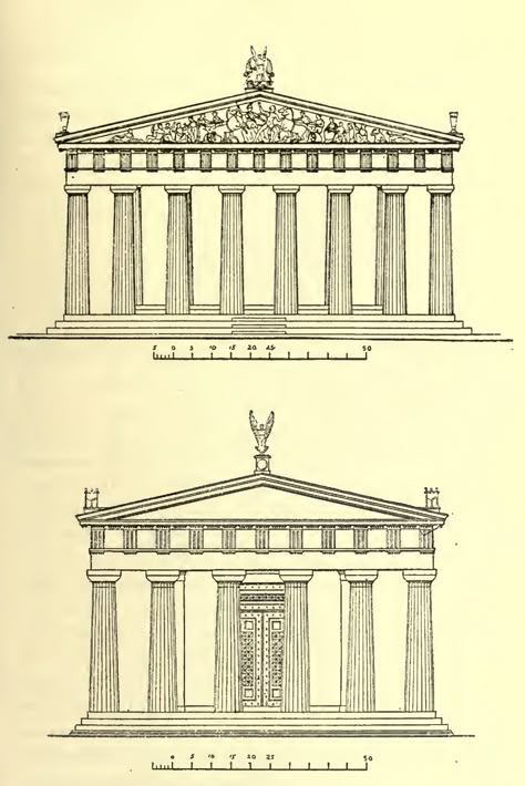 Athens, Parthenon (up) and Olympia, Temple of Zeus (down) Greek Buildings Drawing, Greek Temple Drawing, Parthenon Drawing, Temple Of Zeus Olympia, Parthenon Architecture, Zeus Temple, Athens Parthenon, Greece Drawing, Greek Drawing