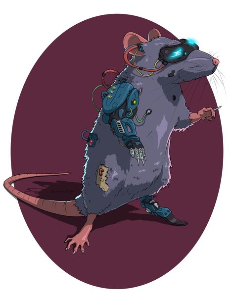 Cybernetic Enhancements Art, Cyberpunk Dnd Character Art, Cybernetic Animals, Rat Character Design, Cyberpunk Animals, Exam Drawing, Motion Story, Rat Character, Animal Experiments