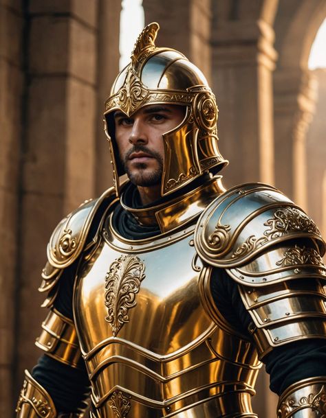 Magic Steampunk, Gold Armour, Npc Ideas, Golden Warriors, Gold Armor, Fantasy Universe, Combat Armor, Saint George's, Leather Armor