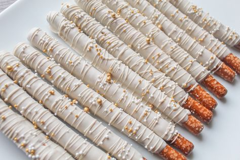 One dozen pretzels  All individually wrapped Boho Chocolate Covered Pretzels, Bridal Shower Chocolate Covered Pretzels, Boho Pretzel Rods, Wedding Pretzel Rods, Bohemian Dessert Table, Gold Oreos, Gold Candy Bar, Wedding Pretzels, Desert Tables