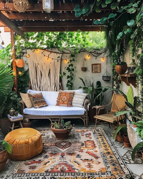 Escape to a world of eclectic charm and free-spirited vibes with these 24 Stunning Bohemian Backyard Ideas Boho Garden Aesthetic, Bohemian Back Porch Ideas, Bohemian Patio Decorating Ideas, Desert Cottagecore, Small Back Deck Decorating Ideas, Bohemian Deck, Vintage Room Decor Ideas, Boho Porch, Eclectic Garden