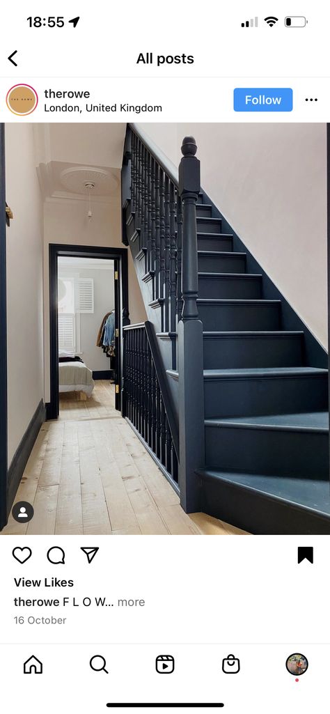 Black Painted Stairs Banisters, Navy Blue Staircase, Navy Bannister Rail, Farrow And Ball Off Black Staircase, Dark Blue Stairs, Navy Staircase, Paint Bannister Black, Navy Stairs, Black Victorian Staircase