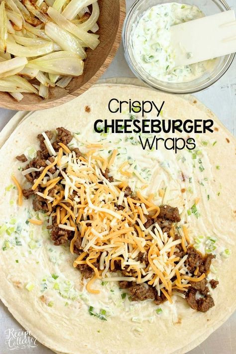 Crispy Cheeseburger Wraps - A crisp wrap filled with all the good cheeseburger fixings including smothered onions and a garlic and green onion mayo. Cheeseburger Wraps, Healthy Wraps, Diner Recept, Sandwiches And Wraps, Green Onion, Wrap Recipes, Wrap Sandwiches, Lunch Snacks, Sandwiches Wraps