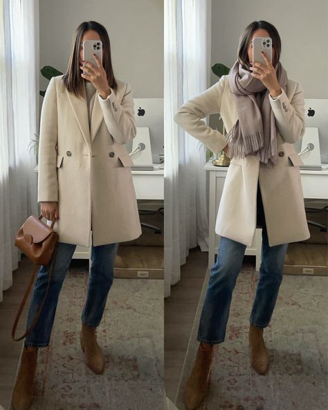 Double Breasted Coat Outfit, Cream Coat Outfit, Pea Coat Outfit, Peacoat Outfit, Classic Chic Style, Cream Coat, Modest Style, Coat Outfit, Capsule Outfits