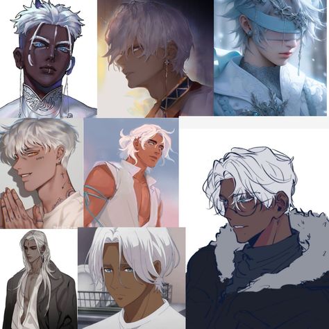 White hair dark skin is EVERYTHING. Black Man White Hair Art, Tan Skin White Hair Male, Black Character With White Hair, White Hair Tan Skin Anime Guy, Dark Skin Light Hair Character Design, Brown Skin White Hair Character Art, Black Man White Hair, Dark Skin White Hair Male Character Art, White Hair Dark Skin Art