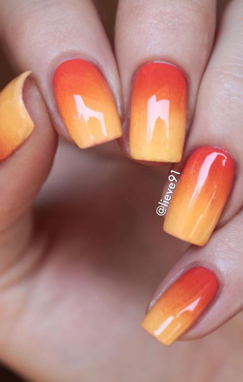 Orange & yellow ombre nails Teal And Orange Ombre Nails, Tangerine Ombre Nails, Spring Colored Nails Acrylic, Yellow To Orange Nails, Sunset Ombre Nails Tequila Sunrise, Bright Orange And Yellow Nails, Orange Ombre Halloween Nails, Orange Ombre Nails With Design, Brown And Orange Ombre Nails