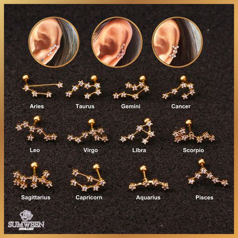 Les boucles d'oreilles clous d'oreilles Constellation sont un accessoire élégant et personnalisé, parfait pour celles qui aiment l'astrologie et le ciel nocturne 🌌. Ces boucles d'oreilles sont conçues pour représenter les constellations du zodiaque, ce qui en fait un cadeau unique et attentionné 🎁 pour tous ceux qui s'intéressent à l'horoscope 🌟 ou à l'astrologie 🔮. Caractéristiques du produit : * Représentation du signe du zodiaque : chaque paire de boucles d'oreilles est ornée d'une constellation qui correspond à l'un des 12 signes du zodiaque . Cette personnalisation ajoute une touche spéciale, ce qui en fait un cadeau qui a du sens 🎂. * Thème de l'astrologie : le design incorpore les étoiles symboliques 🌟 de chaque constellation, attirant les amateurs d'astrologie 🌠. * Style pol Constellation Piercings, Star Cartilage Earring, Zodiac Earrings, Constellation Earrings, Types Of Ear Piercings, Tragus Daith, Daith Piercing Jewelry, Diy Easter Gifts, Cool Ear Piercings