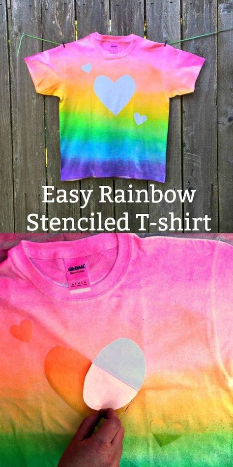 Easy DIY Rainbow Stenciled T-shirt Craft  #DIY #rainbow #tshirt #craft #kidsactivities #kids Rainbow Stencil, Tee Shirt Crafts, Girl Scout Shirts, Distressed Tshirt Diy, Shirt Craft, Diy Tie Dye Shirts, Rainbow Diy, Cute Diy Projects, Tie Dye Crafts