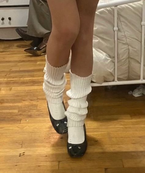 Flats And Leg Warmers, Legwarmer Sock, Leg Warmers With Flats, Leg Warmers Heels, Coquette Boots, Leg Warmers And Ballet Flats, Knit Leg Warmers Aesthetic, Flats With Socks, Leg Warmer And Mary Janes