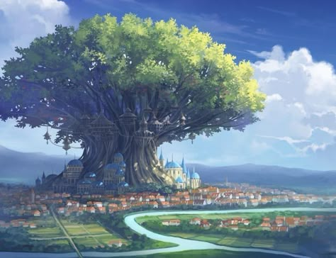 Tree City Concept Art, Cities Fantasy Art, Fantasy Technology Concept Art, World Tree Fantasy Art, Fantasy World City, Dnd City Art, Fantasy City Concept Art, Fantasy World Landscapes, City Rpg