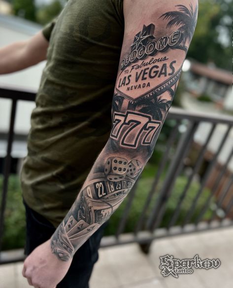 Realistic tattoo by Nikolay Sparkov. #sleeve #tattoo #tattoosleeve #realistictattoo Vegas Theme Tattoo, Gamble Tattoo Sleeve, Tatto For Man Men Tatoo, Casino Theme Tattoo Sleeve, Leg Sleeve Tattoo Ideas, Casino Leg Sleeve Tattoo, Casino Tattoo Sleeve, Gambling Leg Sleeve, Vegas Sleeve Tattoo