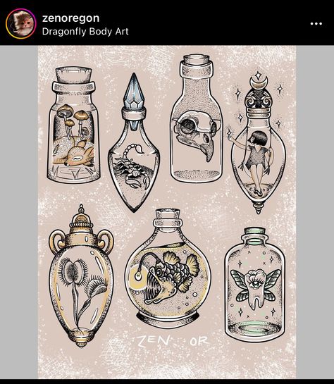 Creepy Cottagecore Tattoo, Oddities And Curiosities Drawings, Specimen Jar Drawing, Snake In A Jar Tattoo, Cabinet Of Curiosities Tattoo, Oddities Tattoo Flash, Specimen Jar Tattoo, Spooky Cottagecore Tattoo, Small Cottagecore Tattoo