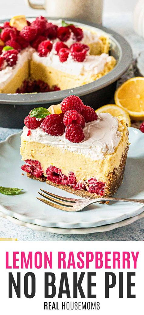 There's no better way to celebrate all things Spring than with a dessert full of bright, fresh flavors like easy Lemon Raspberry No Bake Pie! #Realhousemoms #nobake #lemonraspberry #pie #dessert #mothersday #easterdessert #puddingmix #easypierecipe Lemon Raspberry Desserts, Fresh Raspberry Desserts, Raspberry Desserts Easy, Fresh Raspberry Recipes, Sour Cream Raisin Pie, Raspberry Pie Recipe, Raspberry Recipes Dessert, Raspberry Cream Pies, No Bake Pie