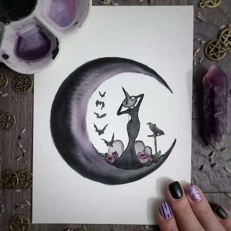 Check out this item in my Etsy shop https://www.etsy.com/ca/listing/939746192/gothic-witch-painting-art-print-witch Gothic Valentine, Witchcraft Decor, Witch Painting, Moody Painting, Witchy Art, Night Sky Painting, Watercolor Birthday Cards, Gothic Witch, Moon Art Print