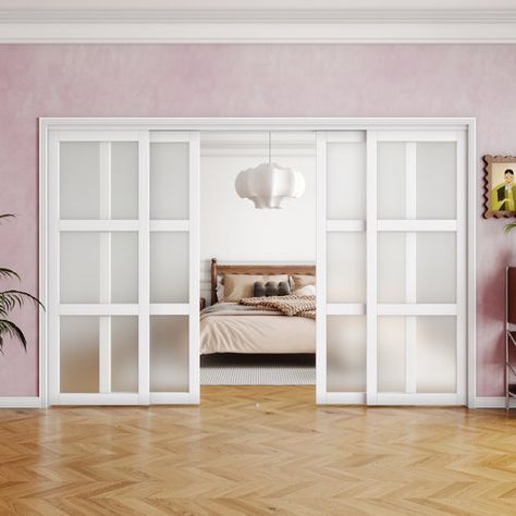 ARK DESIGN Clear Glass Sliding Pocket Door White Standard Door with Hardware Kit Set | Wayfair Frosted Glass Sliding Door, Sliding Closet Door, Sliding Interior Doors, Sliding French Doors, Sliding Room Dividers, White Closet, Sliding Pocket Doors, Room Divider Doors, Sliding Closet