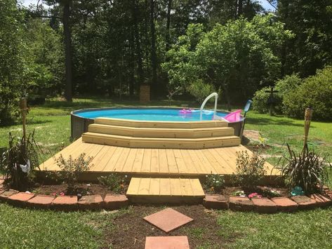 Platform Pool Deck, Small Deck Above Ground Pool, Build A Deck Around An Above Ground Pool, Stairs To Deck Ideas, Above Ground Pool And Deck Ideas, Above Ground Pool With Fire Pit Area, Small Deck Around Above Ground Pool, Easy Diy Pool Deck, Floating Pool Deck