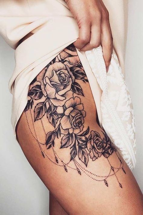 Sophisticated Tattoo, Bum Tattoo Women, Rose Tattoo Thigh, Floral Thigh Tattoos, Flower Thigh Tattoos, Hip Thigh Tattoos, Rose Tattoos For Women, Tattoo Concepts, Hip Tattoos Women