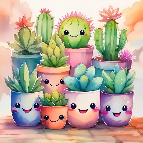 Succulent kisses and cactus hugs 🌵 #digitalart #aiart #kawaiiaesthetic #kawaii #cute #cactus #succulents #happy #watercolor #pastelcolors Happy Watercolor, Happy Cactus, Inktober 2024, 3d Ideas, Cactus Succulents, Cute Cactus, Cactus Art, Cactus Y Suculentas, Kawaii Aesthetic