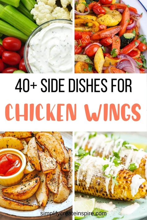 If you're looking for some delicious side dishes for chicken wings, look no further! These sides and appetiser ideas will complement your wings perfectly. From healthy sides to the ultimate comfort foods, you will find ideas for what to serve with chicken wings to suit any occasion and taste! Chicken wing side dishes, chicken wing appetisers, healthy sides for chicken wings. What to serve with chicken wings Buffalo Wings Meal Ideas, Side For Wings Ideas, Chicken Wings Serving Ideas, Wings Platter Ideas, Wings And Things Party, Sides For Chicken Wings Dinners, Buffalo Wings Side Dishes, Wing Party Sides, Wing Party Bar