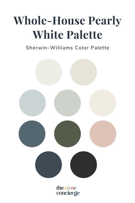 Sherwin-Williams Pearly White is a beautiful warm white paint color that we love for whole-house color palettes. Explore this Pearly White color scheme from a client’s home [coastal colors sherwin williams, warm home aesthetic, sherwin williams paint colors, sherwin williams warm neutrals, sherwin williams farmhouse colors, 2024 paint color trends, interior paint colors 2023, paint colors for home, pink paint colors, taupe paint colors, hallway paint colors, warm white paint colors] Sherwin Williams Paint Colors Interior, Dining Room Color Scheme Ideas Farmhouse, Laundry Room Colors Sherwin Williams, Interior Paint Schemes Whole House, House Paint Pallet Color Schemes, Divine White Color Scheme, Alabaster Whole House Color Scheme, Sw Paint Scheme House Colors, Sw Creamy Color Palette