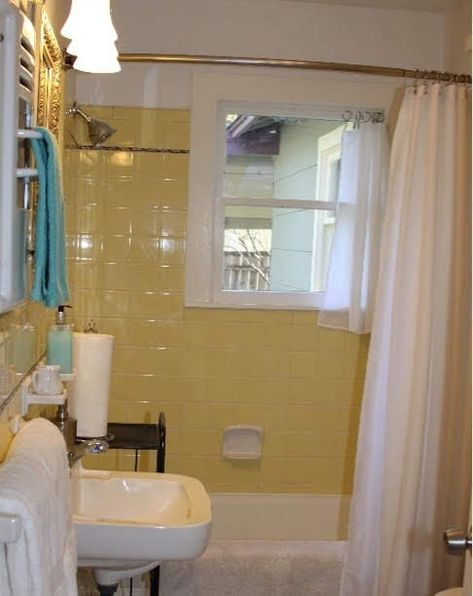 Vintage Tile Scrapbook – Hanbury House Yellow Wall Tiles, 1940s Interior Design, Yellow Tile Bathroom, Vintage Yellow Bathroom, Vintage Tile Bathroom, Yellow Bathroom Tiles, Yellow Bathroom Walls, Cheap Bathroom Makeover, Remodeling A Bathroom