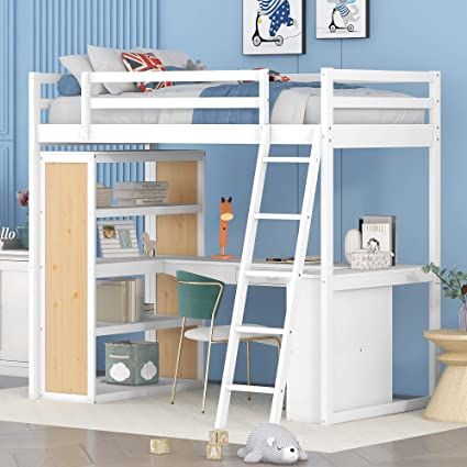 (paid link) Twin Size Loft Bed with Desk and Drawer, Wood Twin Loft Bed with Desk ,Shelves and Cabinet Underneath , High Loft Bed Twin with Storage for Kids, Boys ,Girls ,Teens (White,Twin) Shelves And Desk, Trundle Bed With Storage, Ladder Shelves, Bed With Ladder, Loft Bed Frame, Twin Size Loft Bed, Twin Loft Bed, Bed Shelves, Bed Storage Drawers