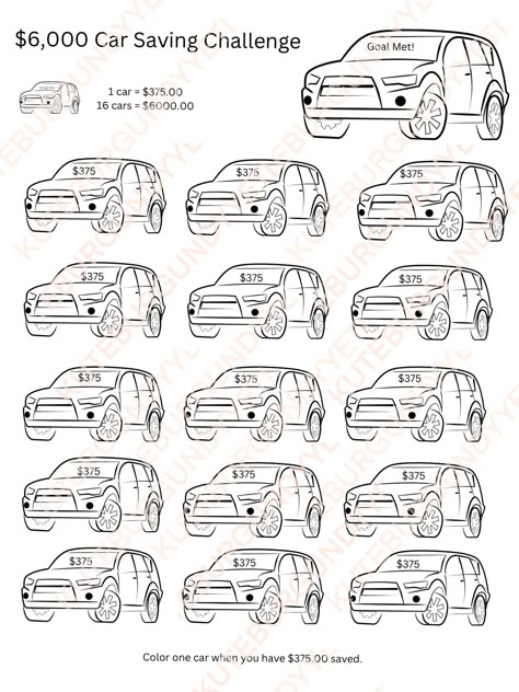 Car saving challenge. You can print it or download it as a digital template and put it in your planners. 600 Saving Challenge, 6000 Savings Challenge, $1 Savings Challenge, Money Stuffing, Save For A Car, Car Saving Challenge, Car Savings Challenge, Car Saving, Money Challenges