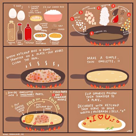 Every otaku knows that when it comes to food, omurice is one of the surefire ways to get to your waifu’s/husbando’s heart. Haha (๑ᴗ Japanese Cooking, Think Food, Japan Food, Asian Cooking, Omelet, Food Illustrations, Asian Food, How To Cook, Diy Food