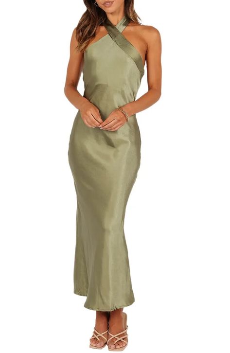 Shop Petal & Pup Online | Nordstrom Olive Green Bridesmaid, Formal Wedding Attire, Satin Dresses Long, Satin Halter Dress, Stretch Satin Dress, Fall Wedding Guest, Fall Wedding Guest Dress, Guest Attire, Essential Dress