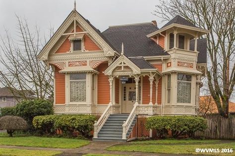 Orange Victorian House, Bright House, Albany Oregon, Victorian Beauty, 13 March, Victorian Ladies, Victorian Mansions, House Exteriors, Victorian House