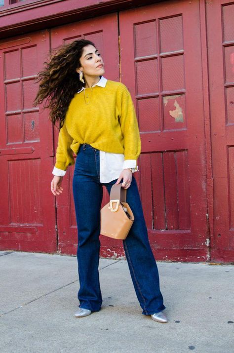 Mustard Yellow Jumper Outfit, Mustard Jumper Outfit, Green Oversized Sweater Outfit, Mustard Sweater Outfit Fall, Yellow Sweater Outfit Fall, Yellow Winter Outfits, Yellow Knit Sweater Outfit, Mustard Yellow Sweater Outfit, Shirt And Sweater Outfit