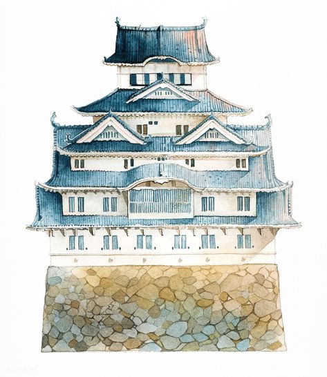 Himeji castle in Japan vector | premium image by rawpixel.com / Niwat Japanese Architecture Watercolor, Himeji Castle Drawing, Japanese Castle Drawing, Teapot Drawing, Watercolor Castle, Japan Watercolor, Castle Vector, Rock Background, Travel Watercolor