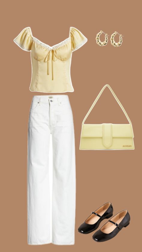 Casual outfit idea un butter yellow✨ Butter Yellow Top Outfit, Pastel Yellow Outfits, Yellow Pastel Outfit, Yellow Outfit Casual, White And Yellow Outfit, Cute Yellow Outfits, Butter Yellow Outfit, Yellow Top Outfit, Yellow Outfits