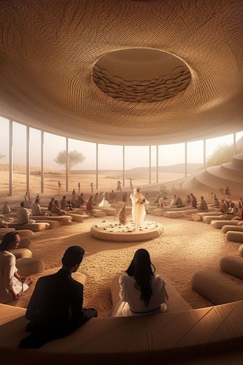 Nestled within the desert's embrace, these theaters foster a bond of inspiration and become living archives, where the timeless stories and narratives of the land's history are celebrated. #aigeneratedart #aiart #midjournyaiart Round House Plans, Resort Plan, Desert Resort, Mosque Design, Hotel Concept, Round House, New Earth, Human Connection, School Architecture