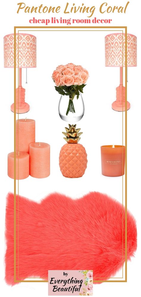 With this Pantone living coral cheap decor you can transform your living room into a modern one in the color of the year 2019. All the accessories and decorations  are from Amazon and you can shop them online at the store under 35$. This would look great with teal and white and will give to your interior those warm accents that your space needs. #livingcoral #coloroftheyear #livingroomdecorations #roomaccessories #coraldecor 21//01//2019 by Everything Beautiful Peach Living Room Decor Ideas, Coral Decorating Ideas Living Room, Beautiful Hallways, Coral Living Rooms, Cheap Living Room, Pink Living Room Decor, Coral Nursery, Black Furniture Living Room, Affordable Living Room Furniture